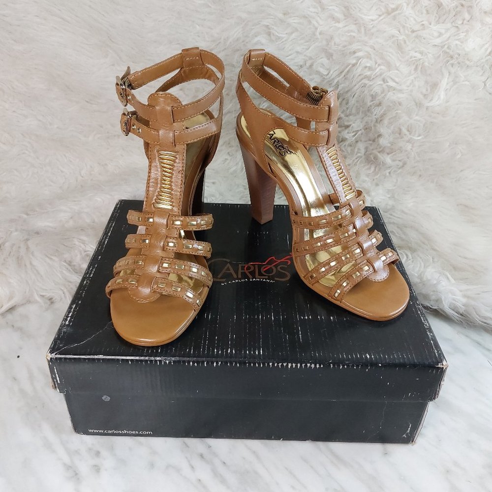 Carlos By Carlos Santana Women's Tan Leather Open Toe High Heel Sandals 7.5